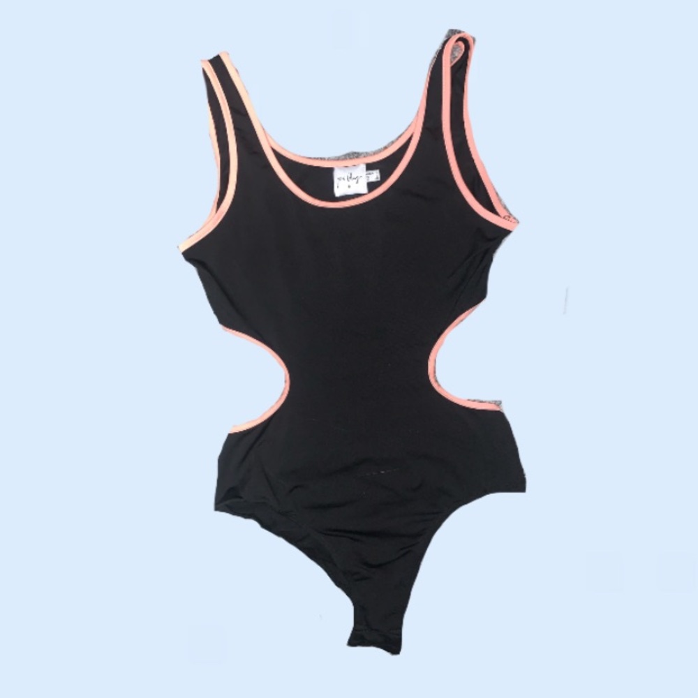 Princess polly bodysuit, black with neon coral trim, cutouts on side and back,